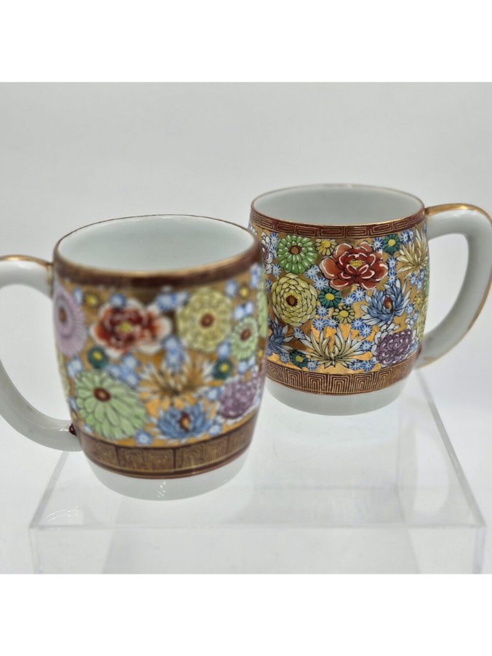 Kutani Yaki Hanazume Handpainted Floral Gosai-de Gold Trim Set 2 Coffee Tea Cup - Picture 3 of 8